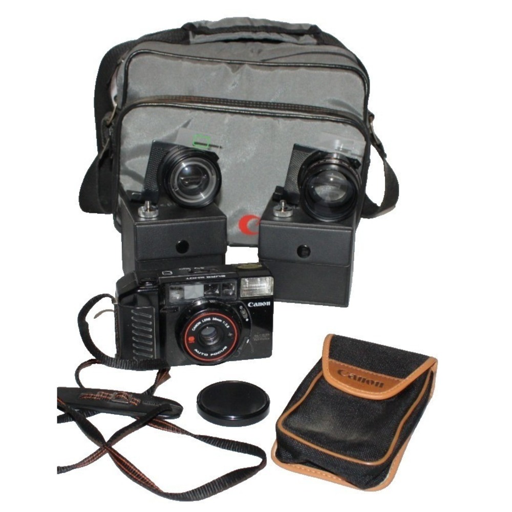 VTG Canon Sure Shot film camera 32mm auto focus w/ case & bag + 2 Lenmar lens